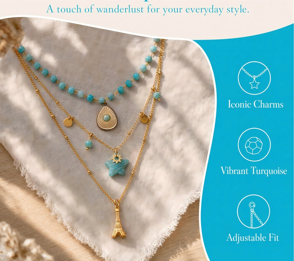 Layered light blue amazonite gemstone necklace with 14k gold Eiffel tower and star pendants on white blouse
