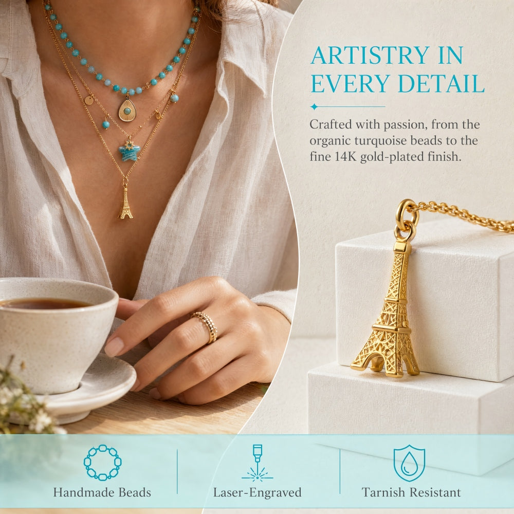 Layered light blue amazonite gemstone necklace with 14k gold Eiffel tower and star pendants on white blouse
