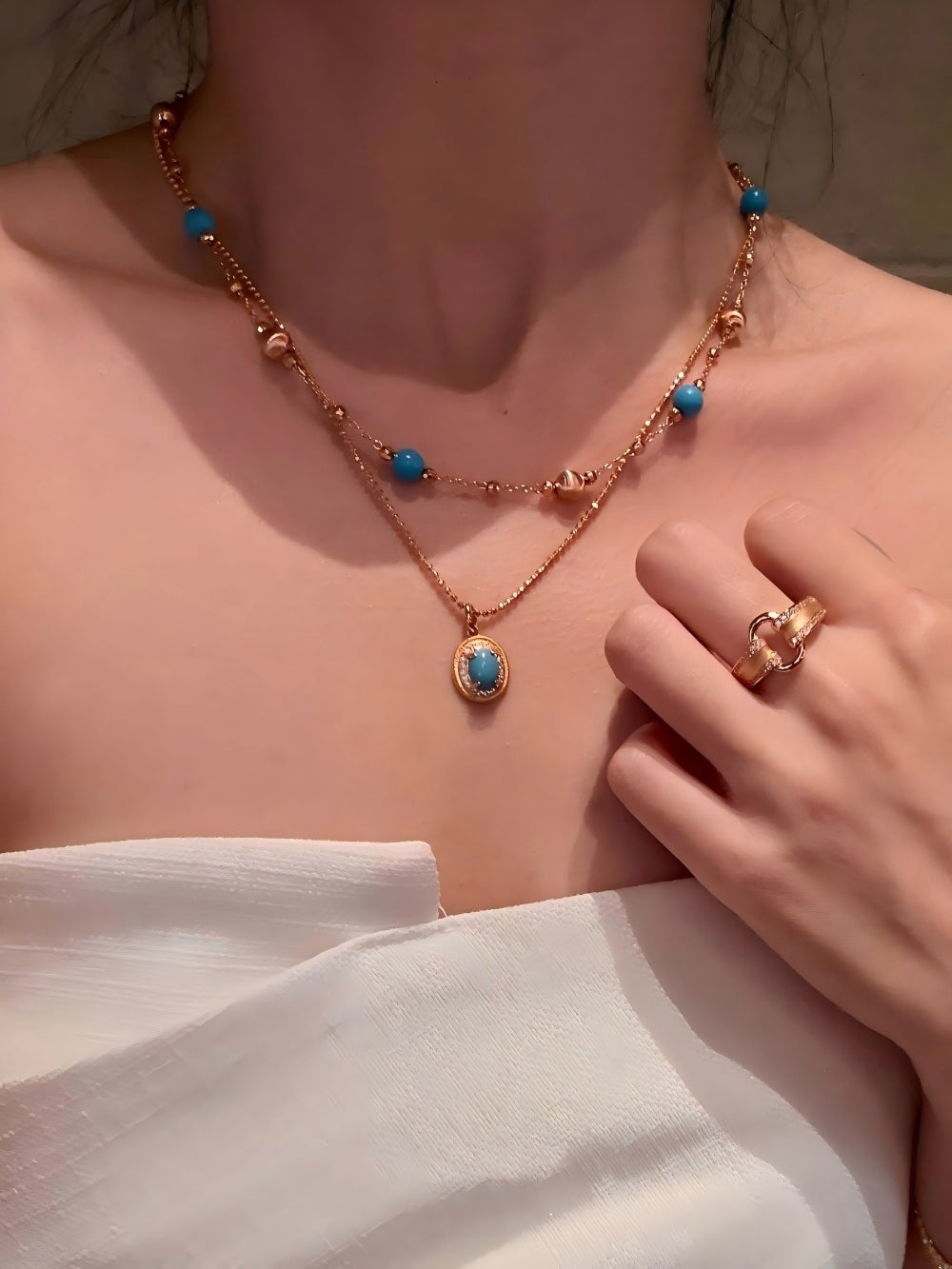 Turquoise Tone Layered Jewelry Set 3-Pcs :Necklaces, Oval Pendant & Bracelet