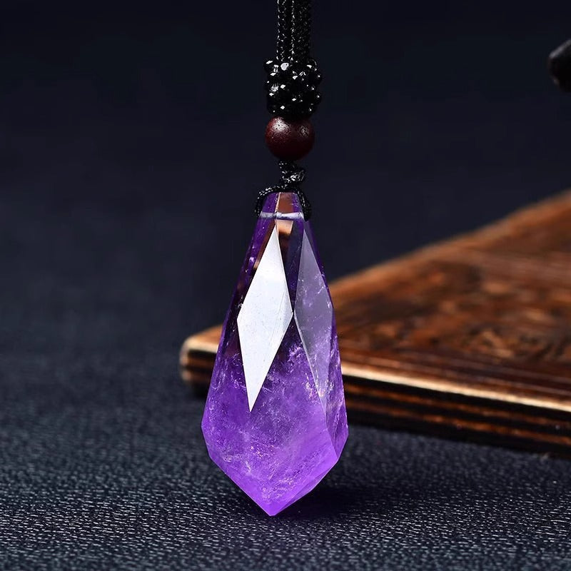 Raw Faceted Natural Amethyst Prism Pendant Necklace