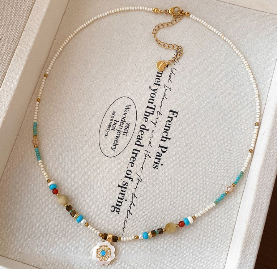 Beaded Shell Flower Pendant Necklace