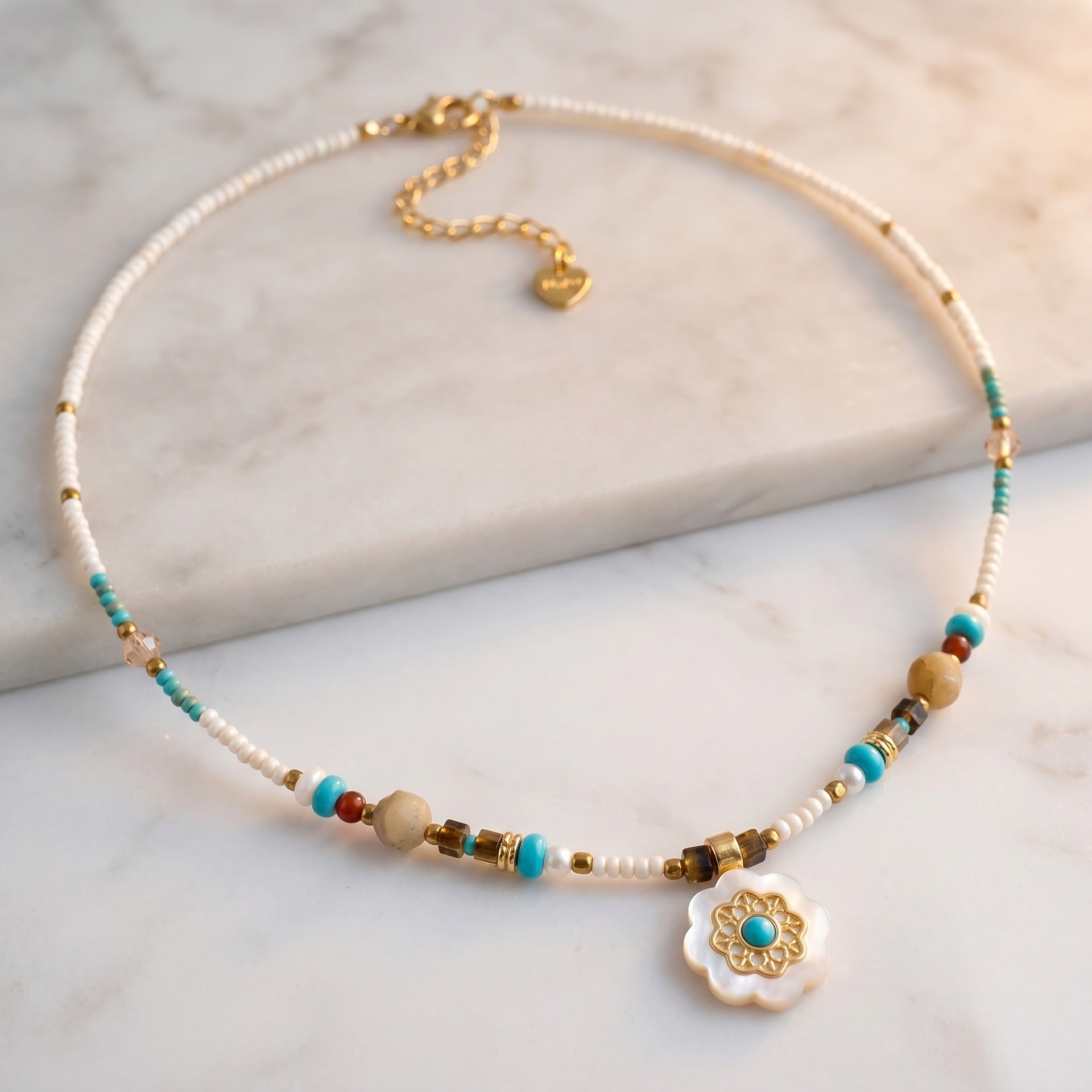 Beaded Shell Flower Pendant Necklace