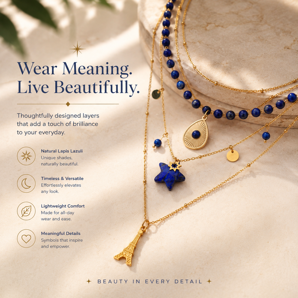 French vintage deep royal blue lapis lazuli layered beaded necklace with gold Eiffel tower charm