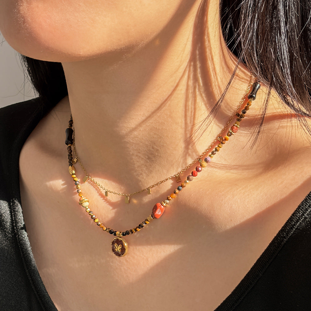 Natural Stone Beaded Necklace for women Butterfly Pendant Choker