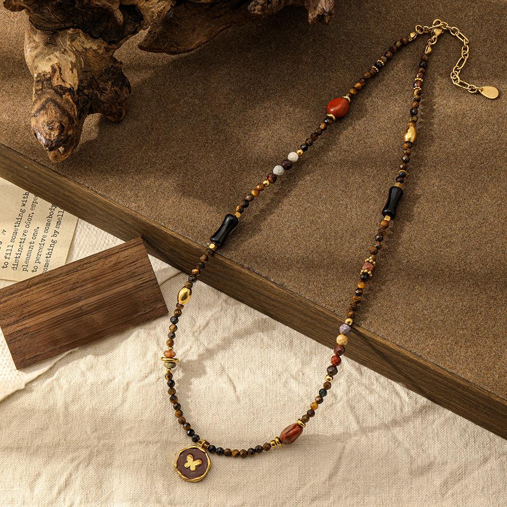 Natural Stone Beaded Necklace for women Butterfly Pendant Choker