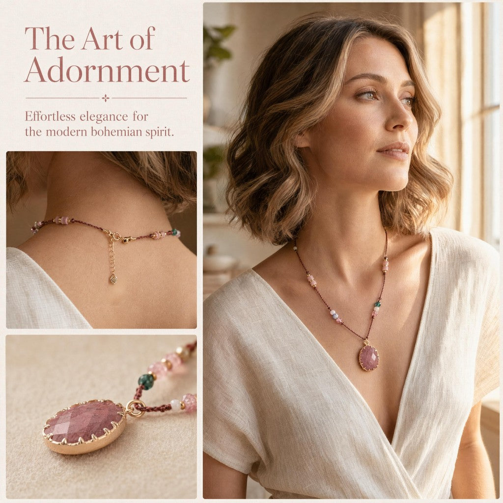 Handmade Boho Pink Natural Stone Pendant Necklace