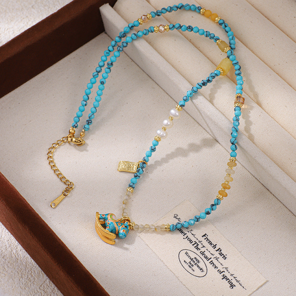 Handcrafted Turquoise Necklace with Enamel Horse Pendant