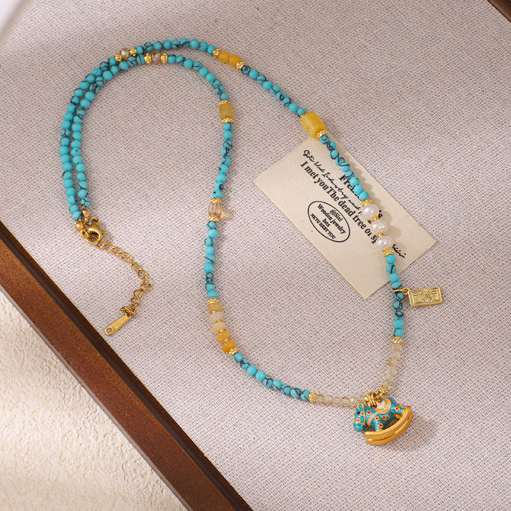 Handcrafted Turquoise Necklace with Enamel Horse Pendant