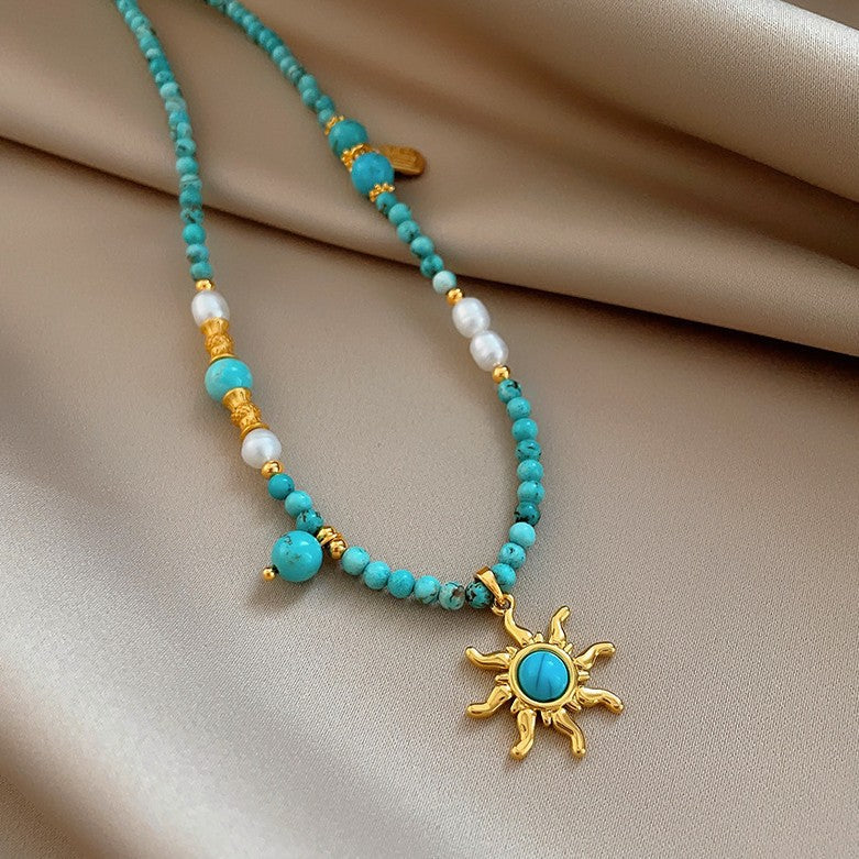Boho Handmade Turquoise Sunflower Necklace for Women