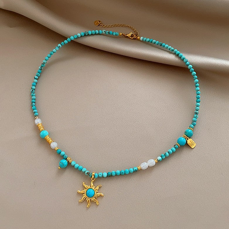 Boho Handmade Turquoise Sunflower Necklace for Women