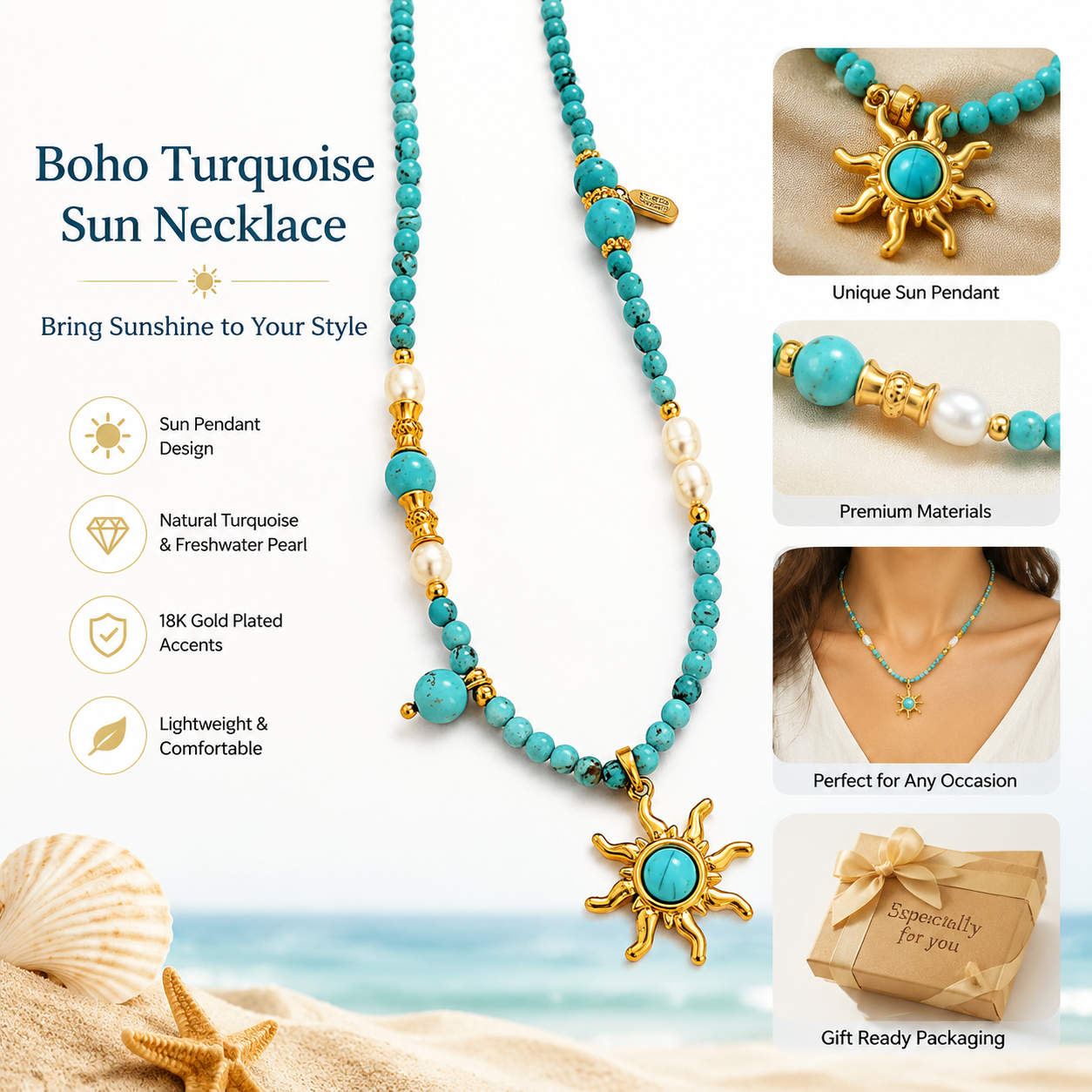 Boho Handmade Turquoise Sunflower Necklace for Women