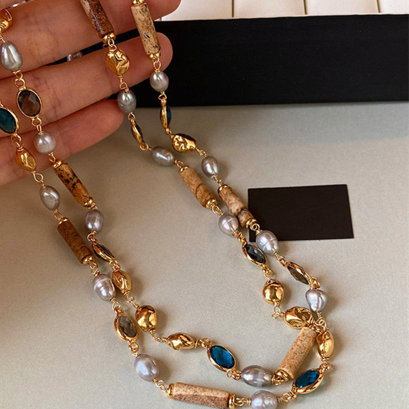 Maillard Wooden Natural Pearl Necklace Colored Zirconium Metal Clavicle Necklace