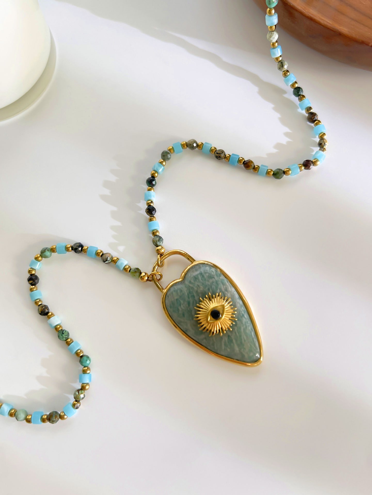 Natural Amazonite Evil Eye Pendant Necklace