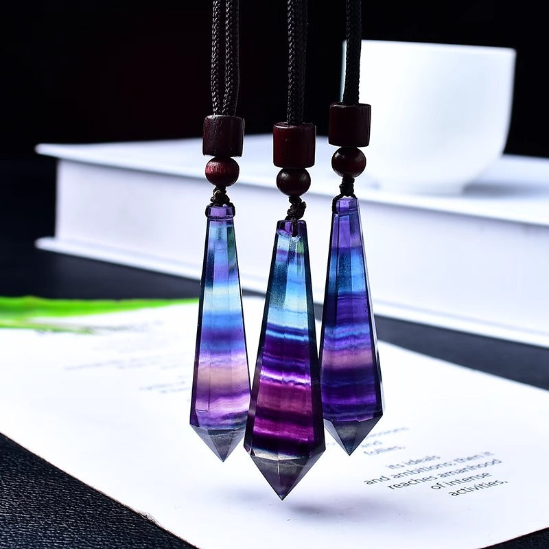 Natural rainbow fluorite double terminated crystal pendant necklace