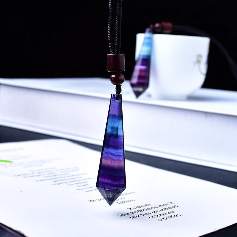 Natural rainbow fluorite double terminated crystal pendant necklace