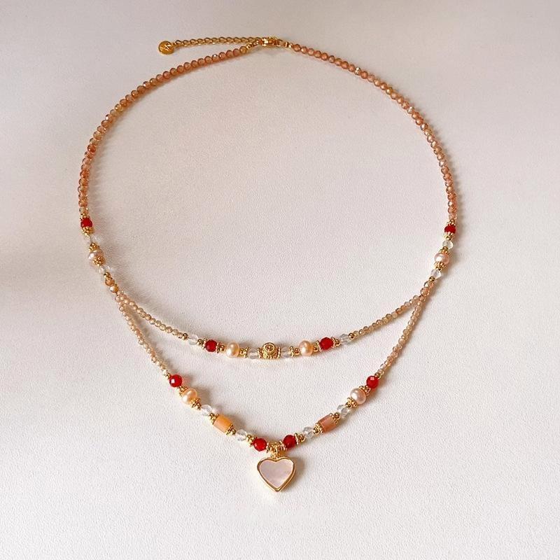 Double Layer Natural Mother of Pearl Heart Pendant Beaded Necklace