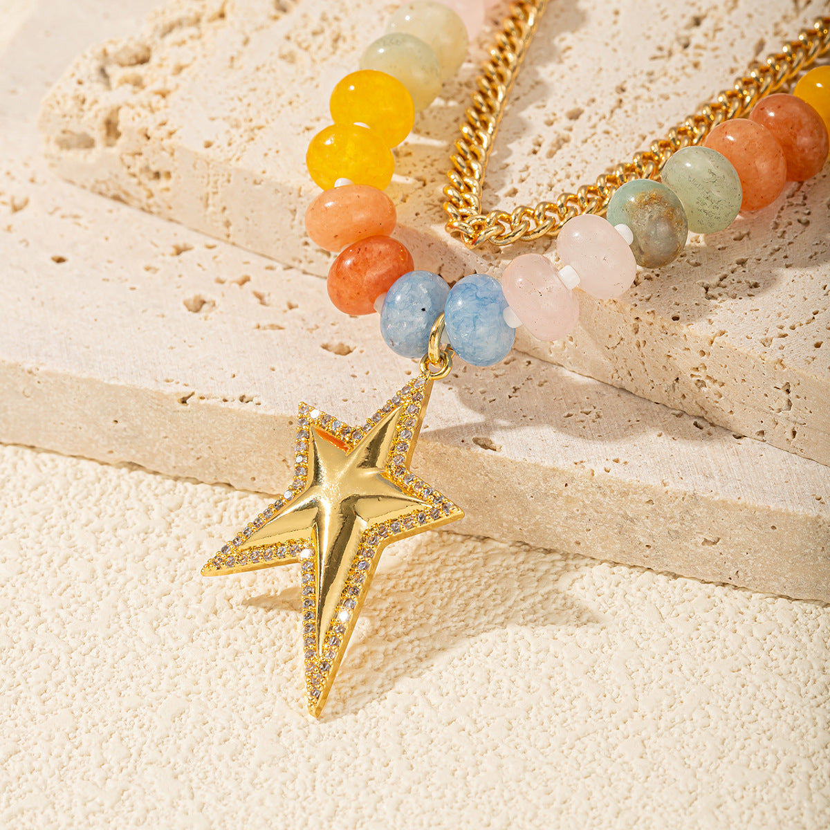 Rainbow Beaded & Gold Chain Star Necklace