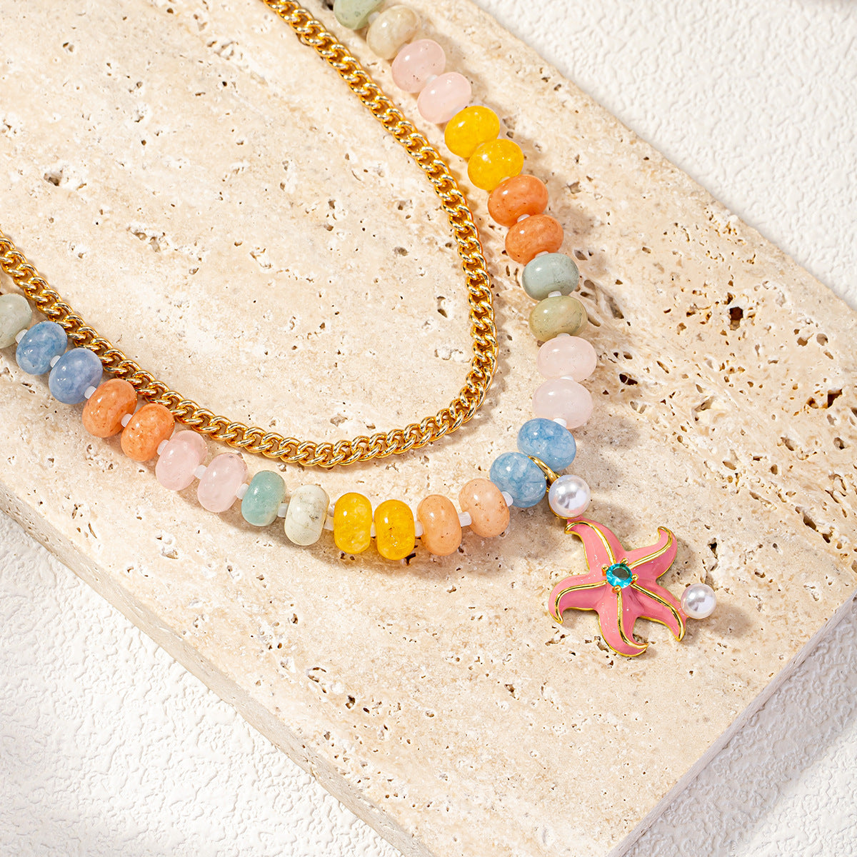 Rainbow Beaded & Gold Chain Starfish Necklace