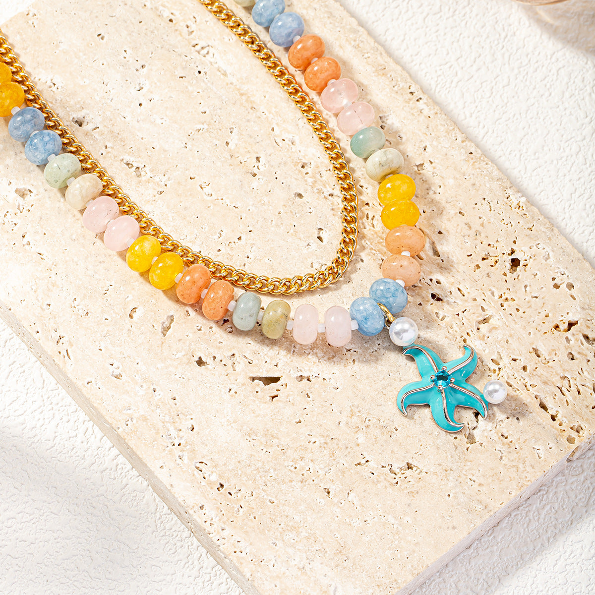 Rainbow Beaded & Gold Chain Starfish Necklace