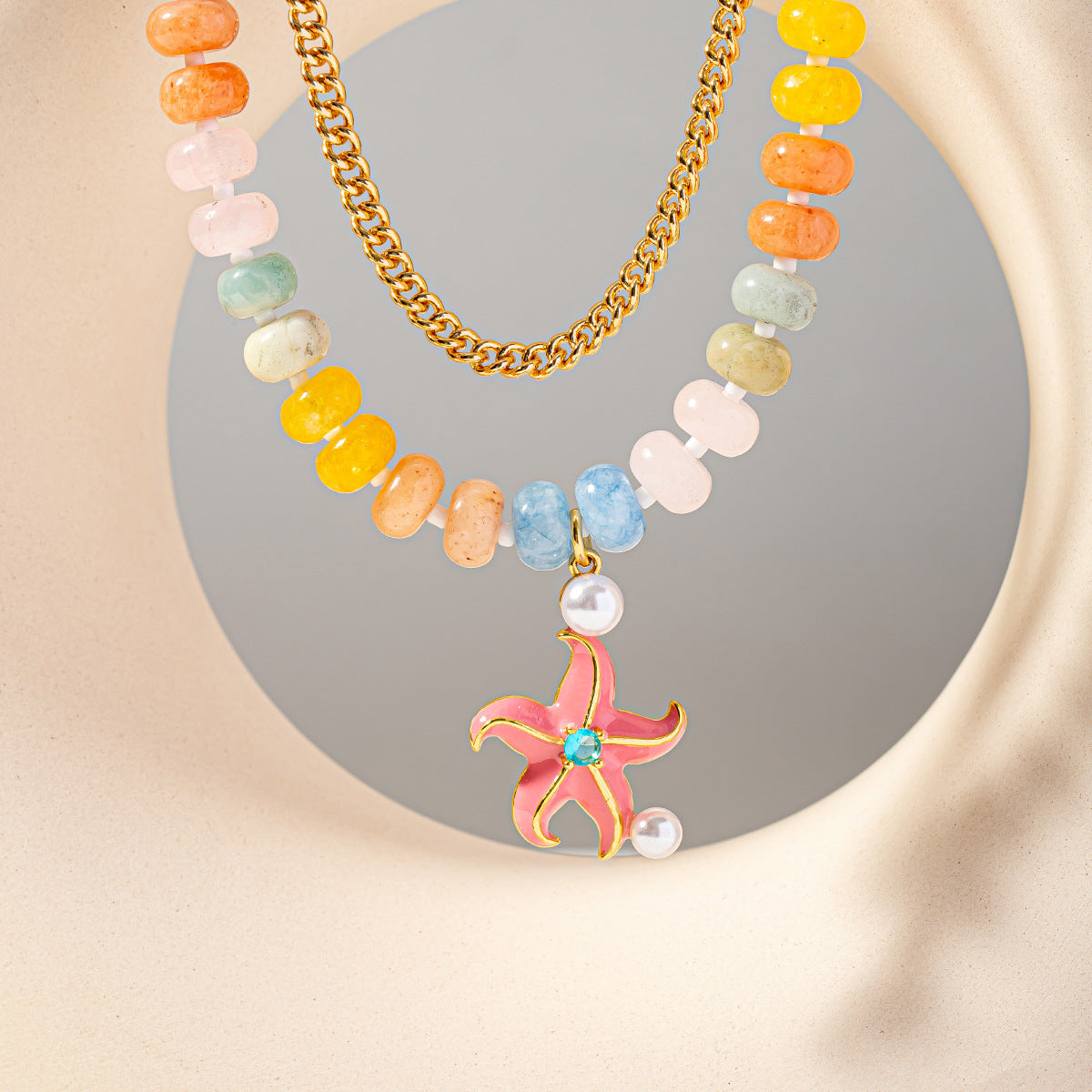 Rainbow Beaded & Gold Chain Starfish Necklace