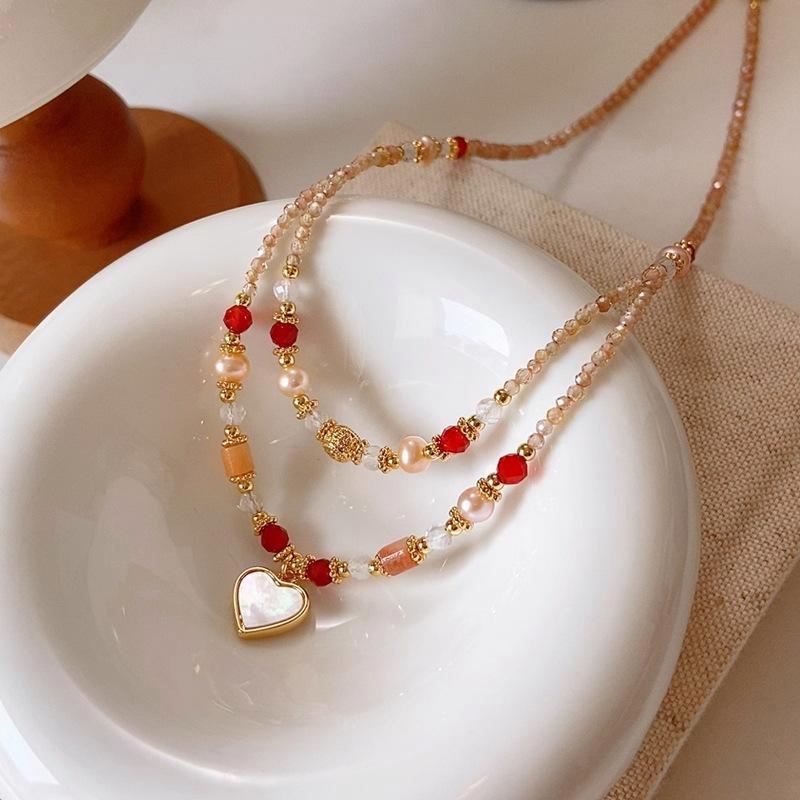 Natural Double Layer Mother of Pearl Heart Pendant Choker