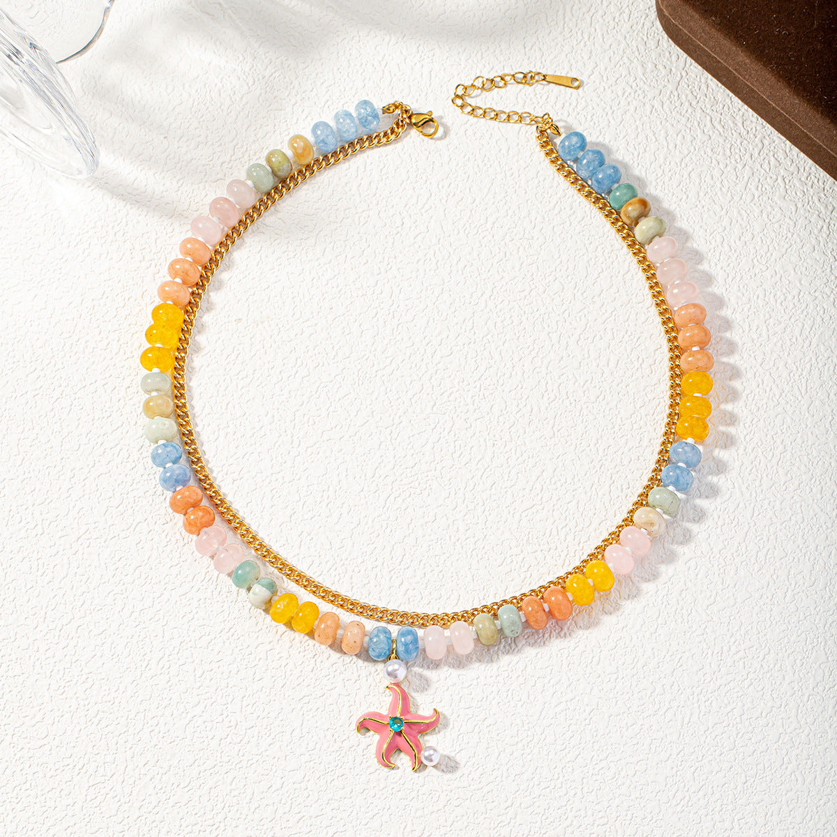 Rainbow Beaded & Gold Chain Starfish Necklace