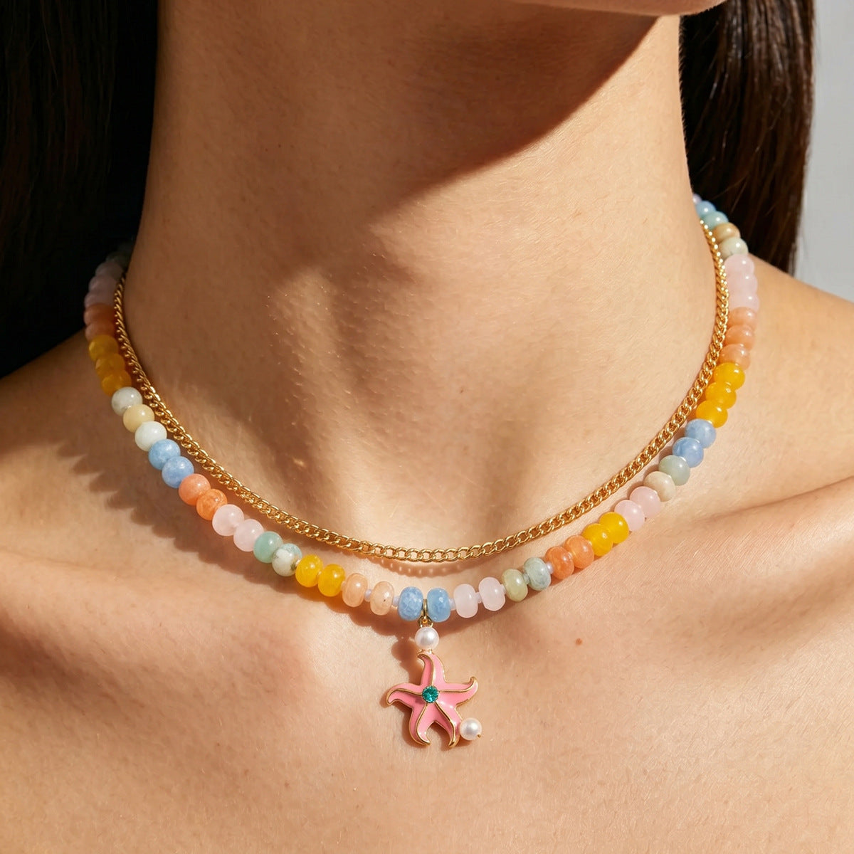 Rainbow Beaded & Gold Chain Starfish Necklace