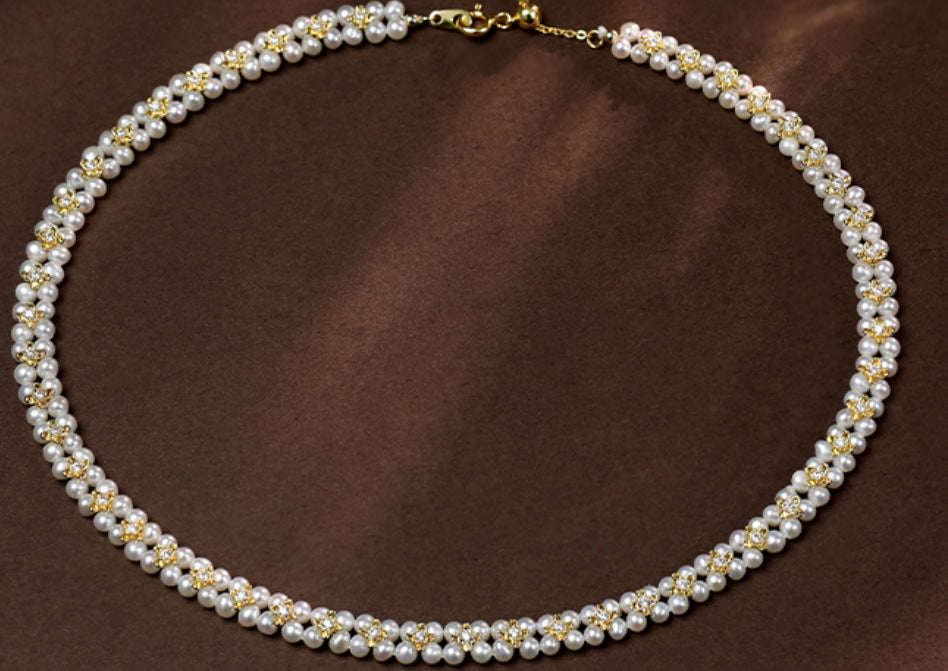 Handcrafted Freshwater Pearl 18K Gold Plated Osmanthus Floral Braided Pearl Choker Necklace & Bracelet Set