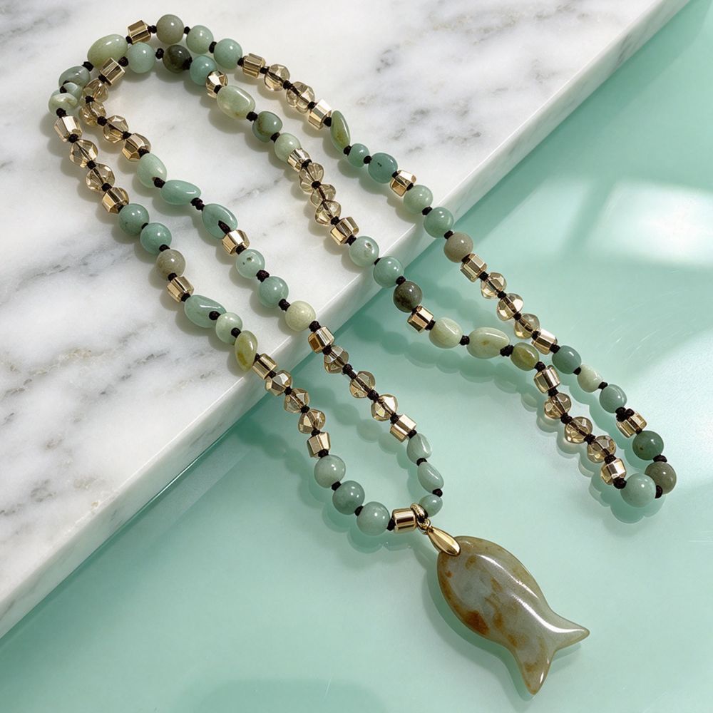 Natural Green Jade Fish Pendant Long Beaded Necklace
