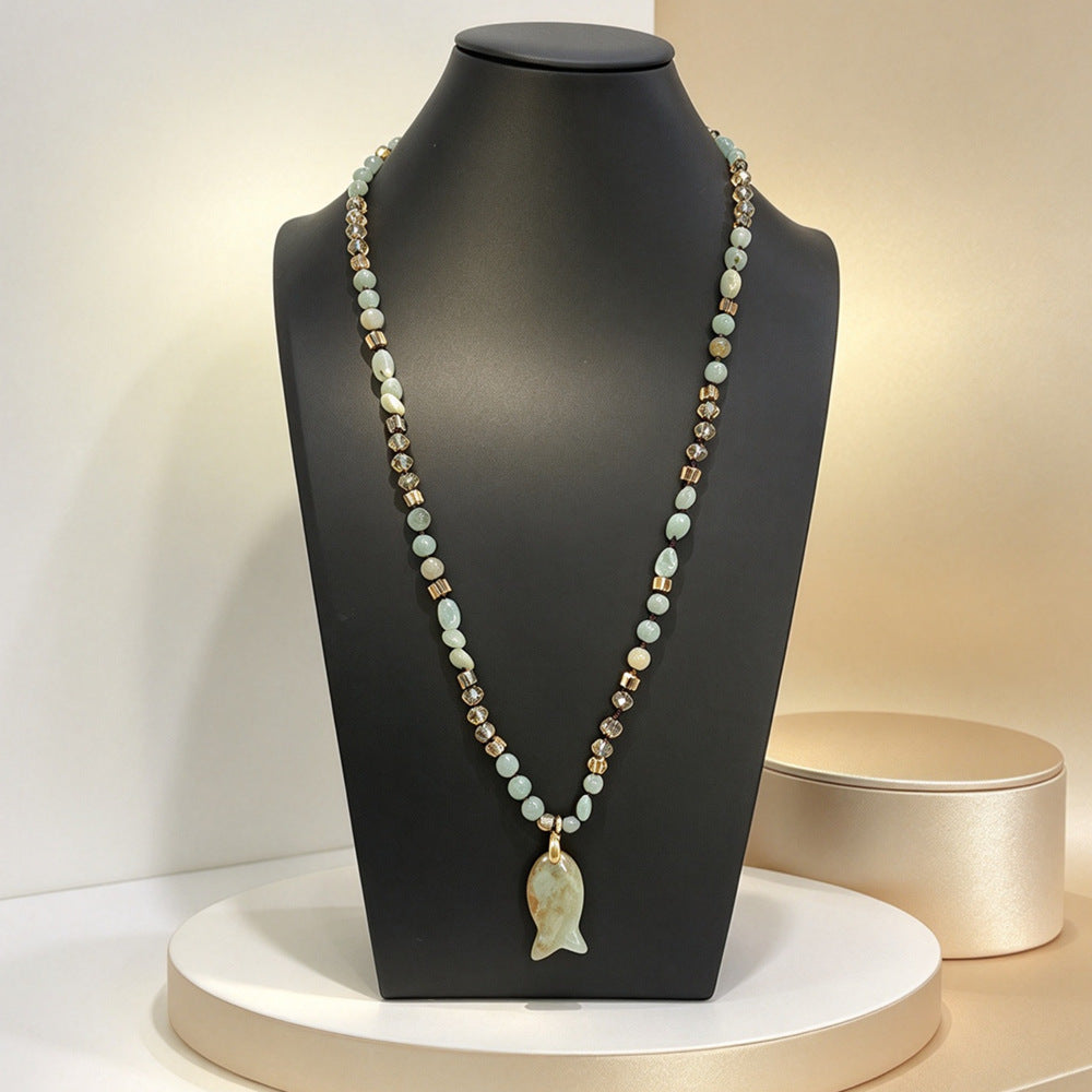 Natural Green Jade Fish Pendant Long Beaded Necklace