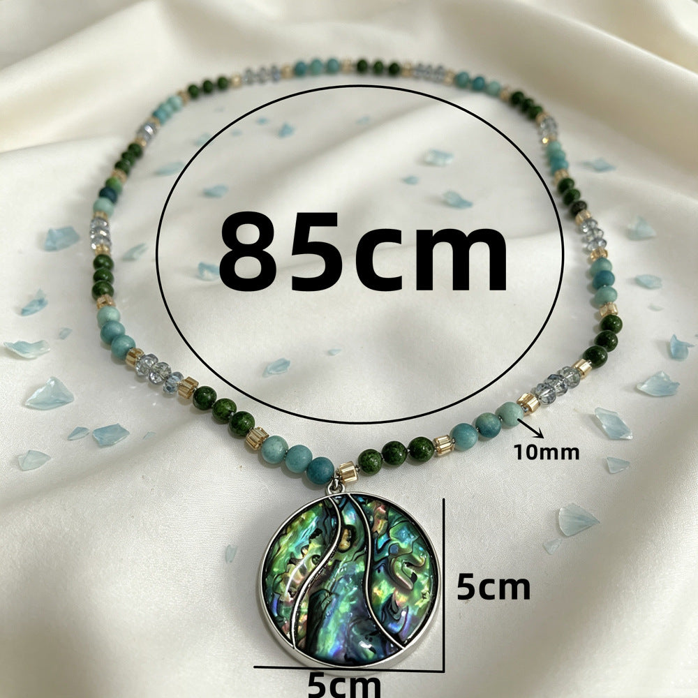 Boho Natural Abalone Shell Pendant Long Beaded Necklace