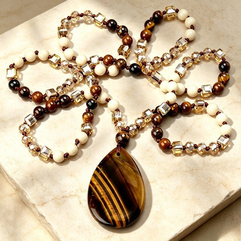 Natural Tiger Eye Stone Teardrop Pendant Necklace