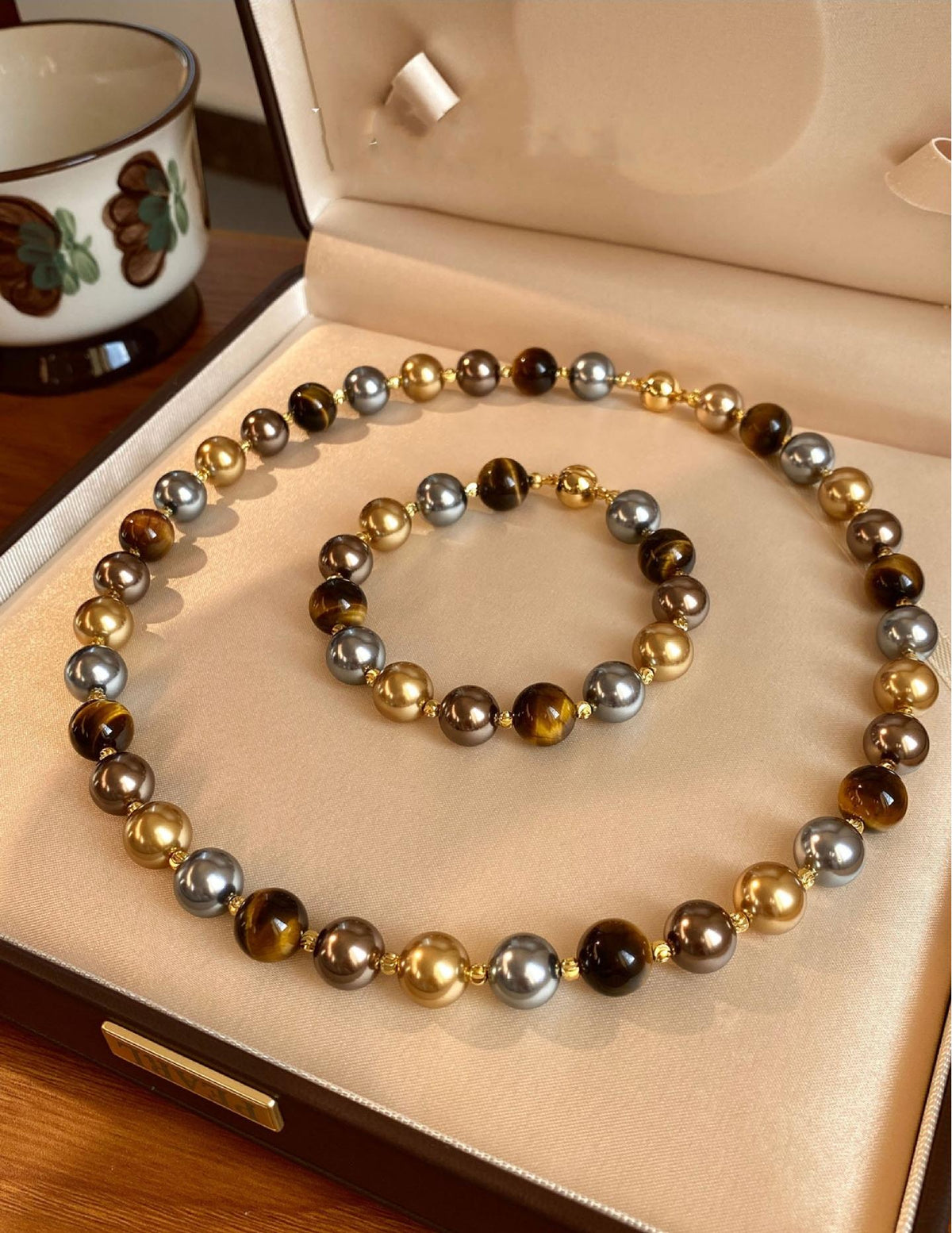 Natural Tiger Eye Stone & Multi-Color Pearl Necklace and Bracelet Jewelry Set