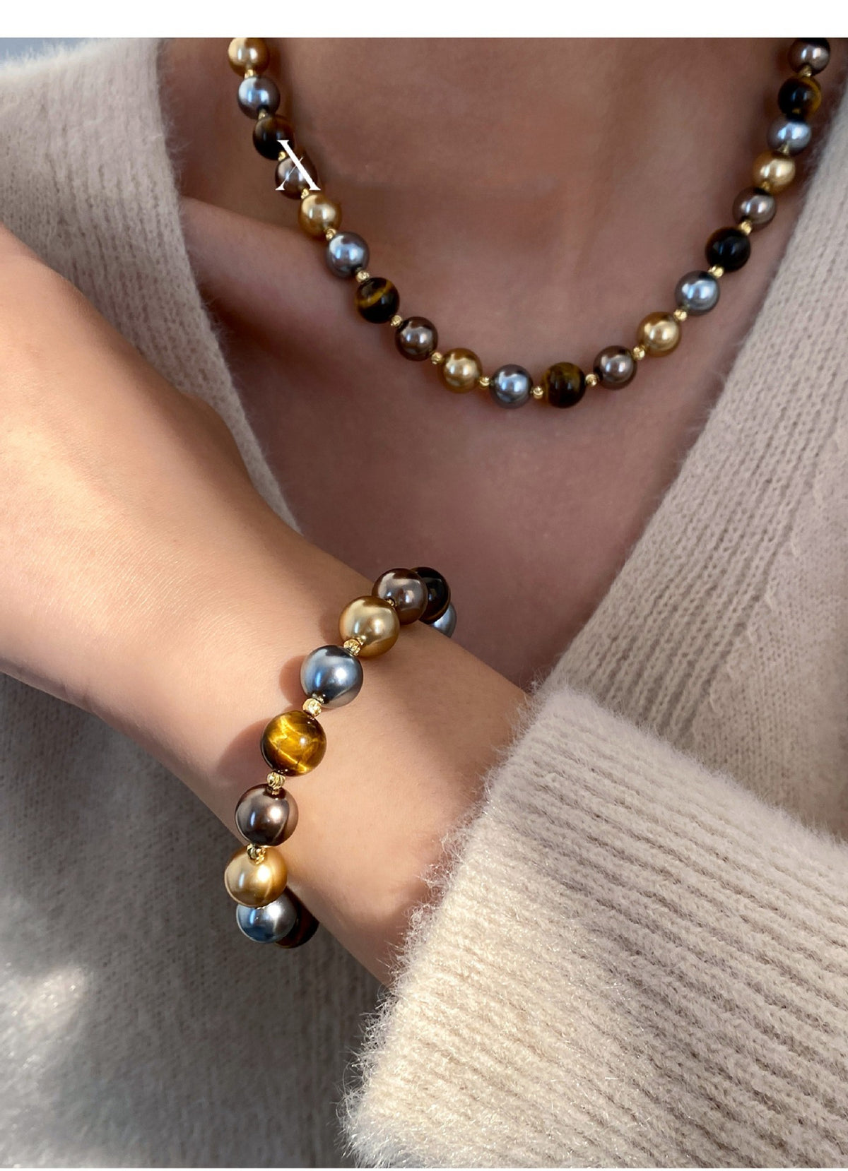 Natural Tiger Eye Stone & Multi-Color Pearl Necklace and Bracelet Jewelry Set