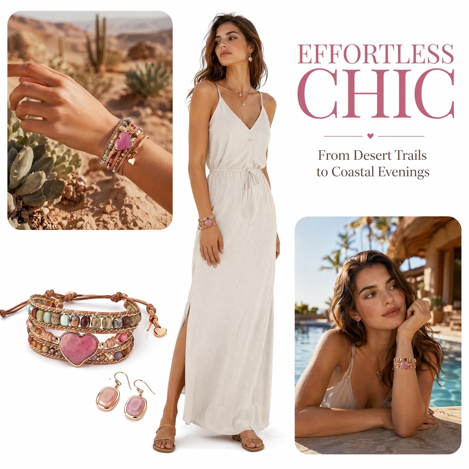 Handicrafts Natural Pink Gemstone Heart Wrap Bracelet