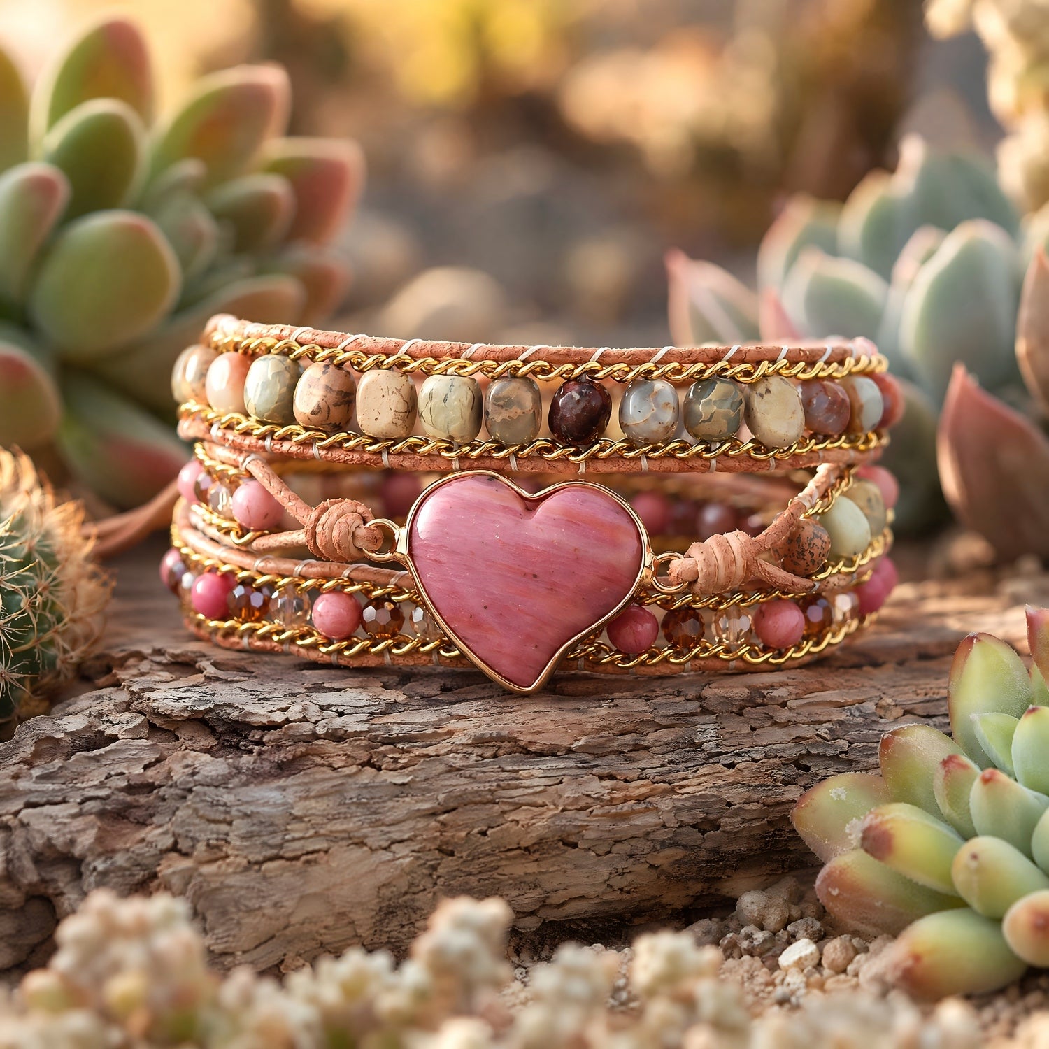 Handicrafts Natural Pink Gemstone Heart Wrap Bracelet