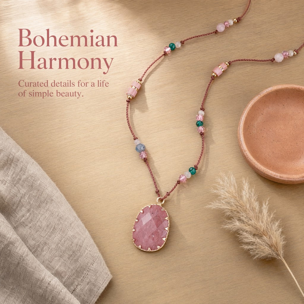 Handmade Boho Pink Natural Stone Pendant Necklace