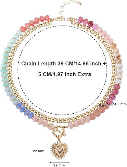 Rainbow Beaded & Gold Chain Heart Necklace
