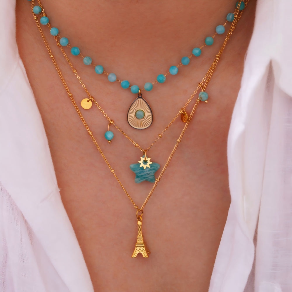 Layered Natural Crystal Gemstone Necklace 14K Gold Plated Eiffel Tower Star Charm Pendant Choker