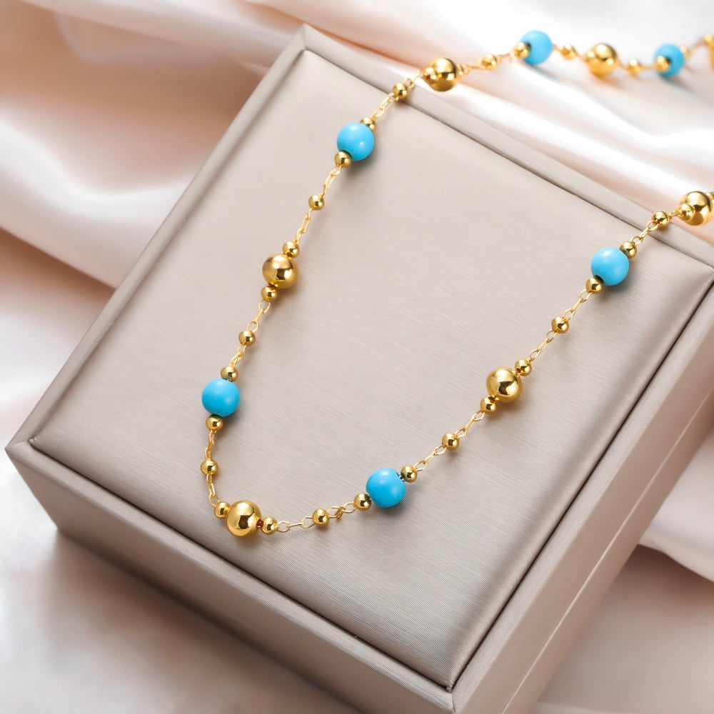 Turquoise Tone Layered Jewelry Set 3-Pcs :Necklaces, Oval Pendant & Bracelet