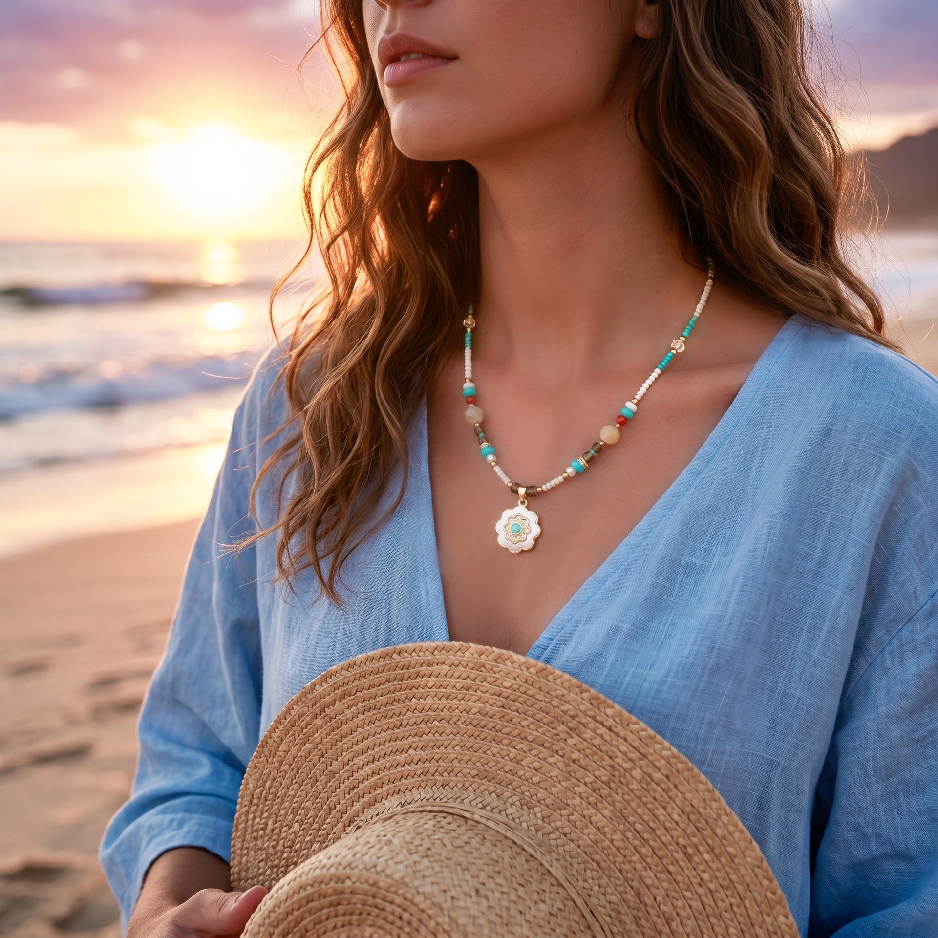 Beaded Shell Flower Pendant Necklace 