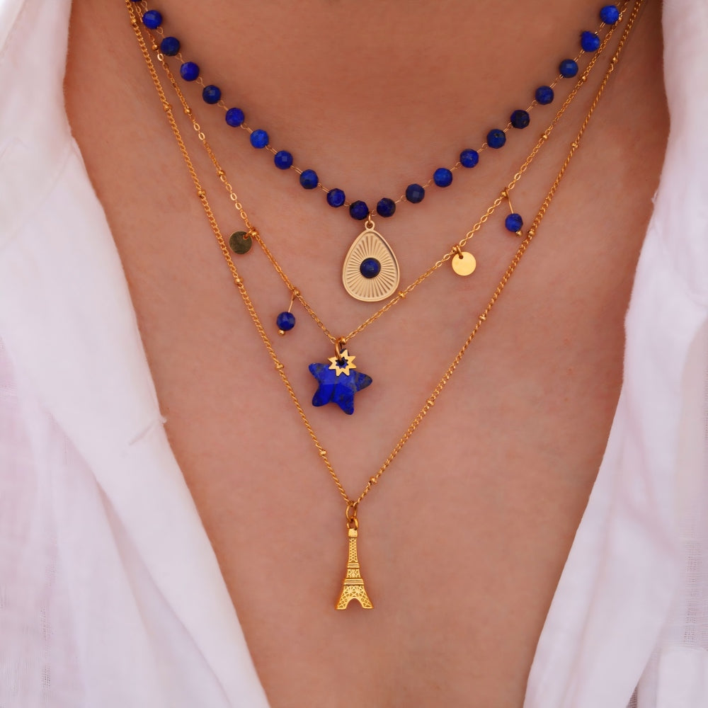 French vintage deep royal blue lapis lazuli layered beaded necklace with gold Eiffel tower charm