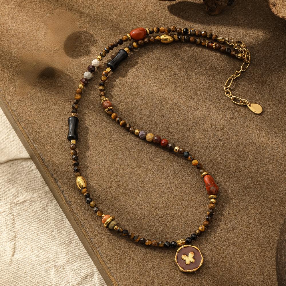 Natural Stone Beaded Necklace for women  Butterfly Pendant Choker