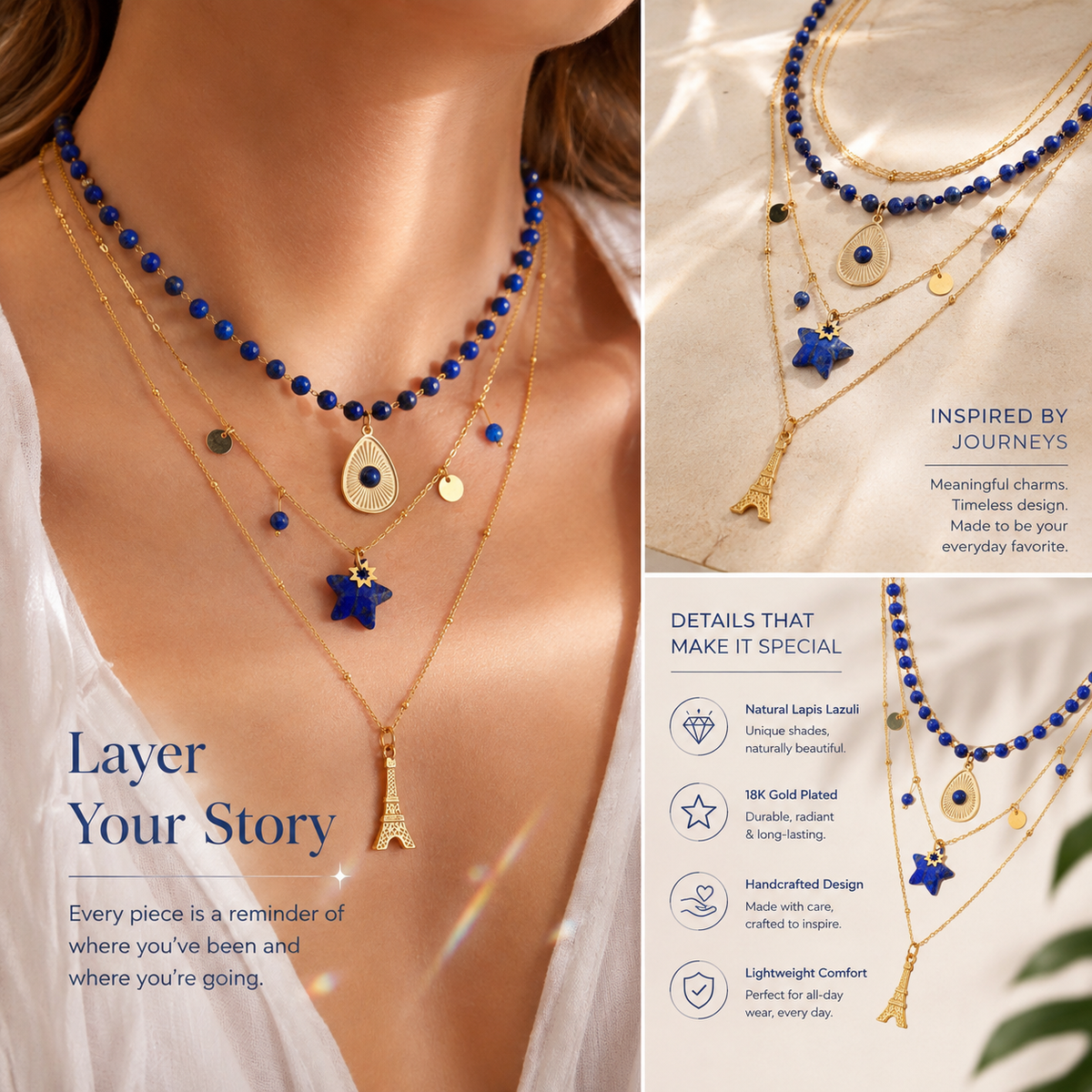 Layered Natural Crystal Gemstone Necklace 14K Gold Plated Eiffel Tower Star Charm Pendant Choker