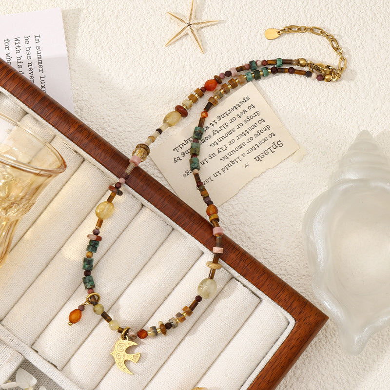 Natural Stone Beaded Necklace for women  Swallow  Pendant Choker
