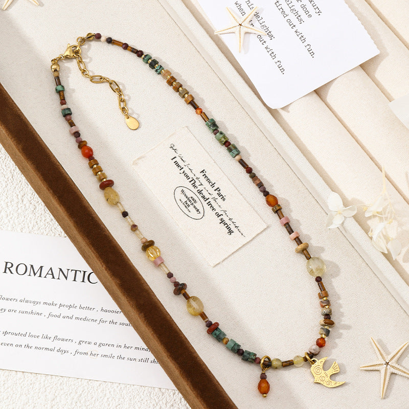 Natural Stone Beaded Necklace for women  Swallow Pendant Choker