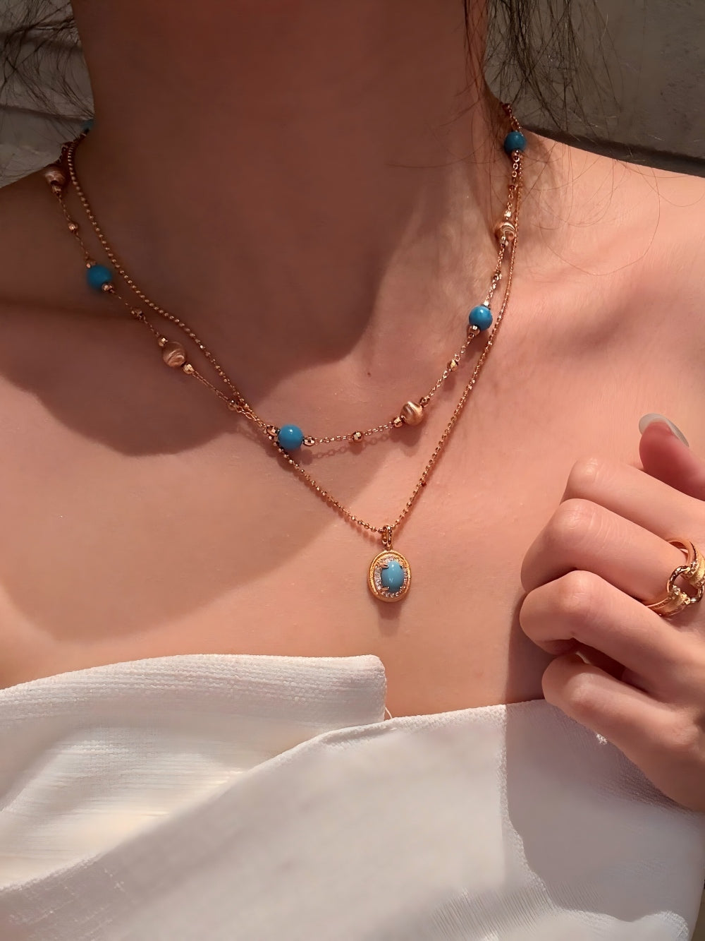 Turquoise Tone Layered Jewelry Set 3-Pcs :Necklaces, Oval Pendant & Bracelet