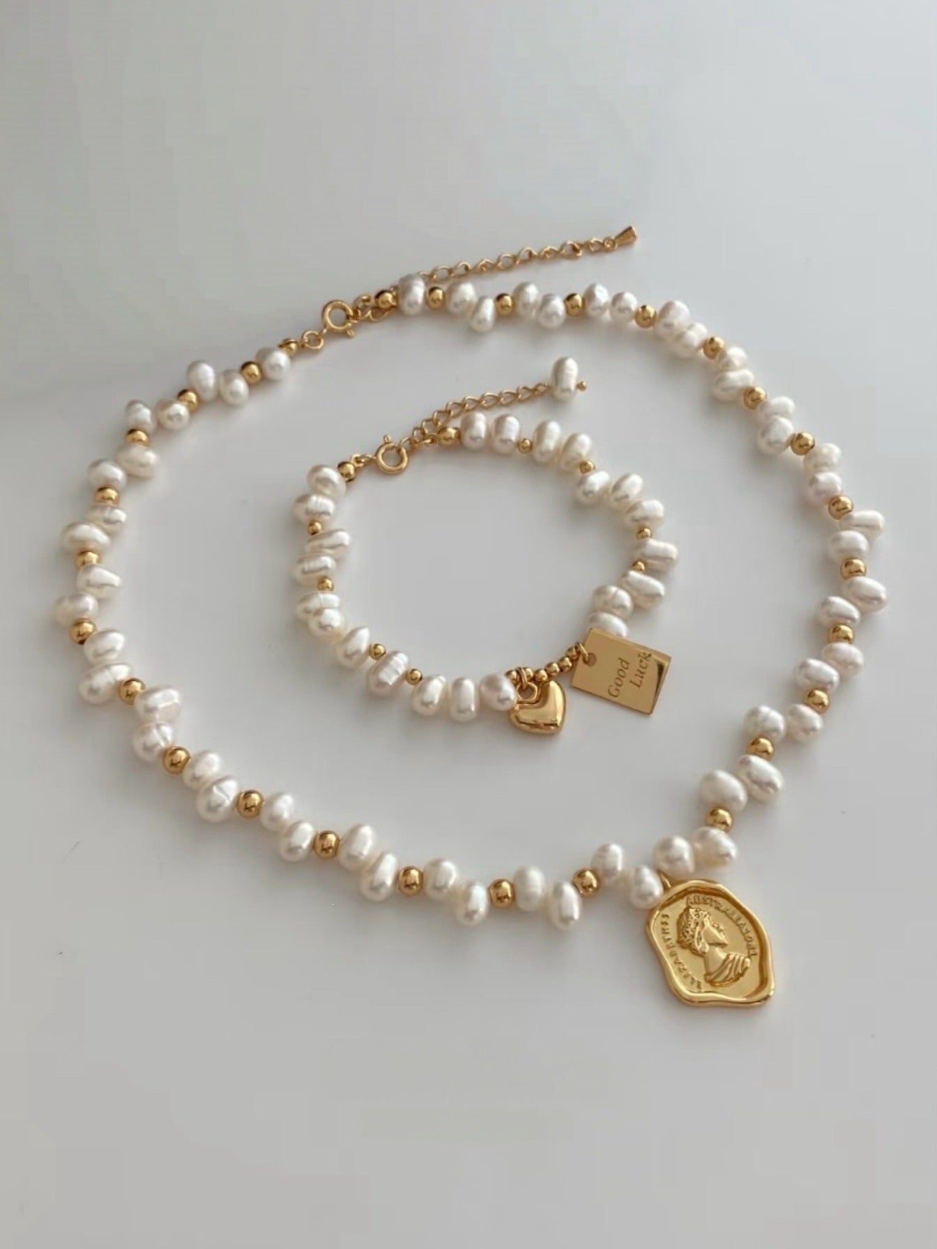 Gold Coin  Pearl Pendant Necklace &  Bracelet