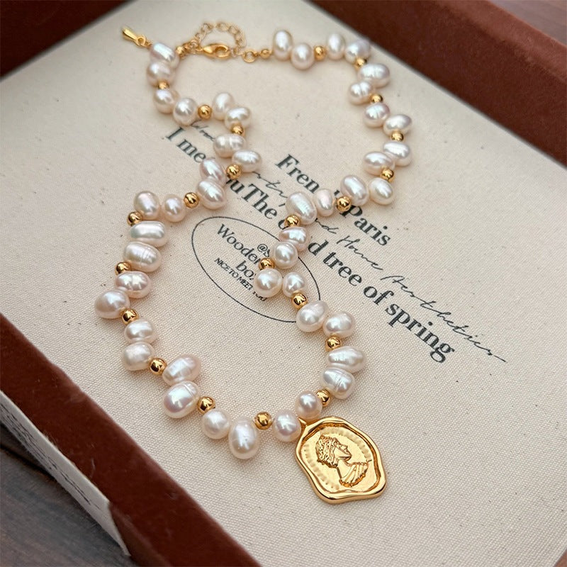 Gold Coin Pearl Pendant Necklace