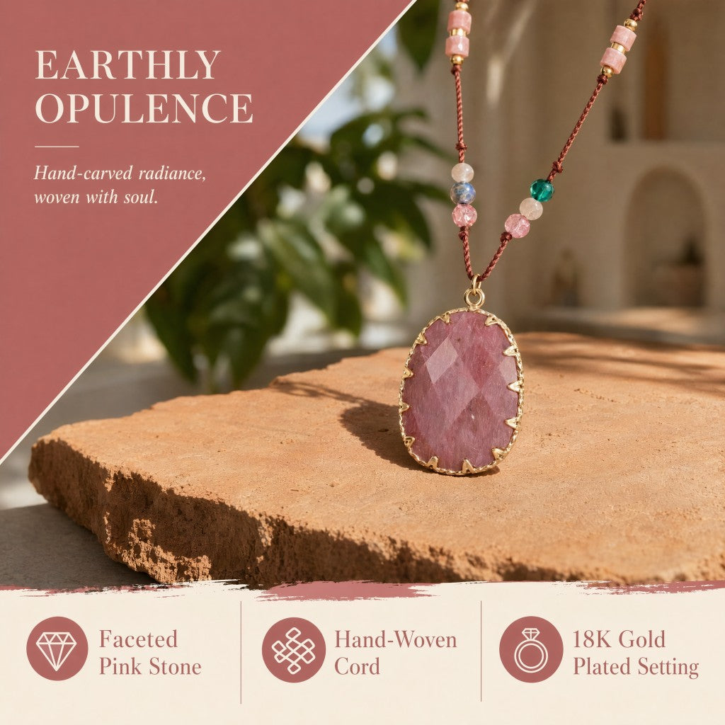 Handmade Boho Pink Natural Stone Pendant Necklace